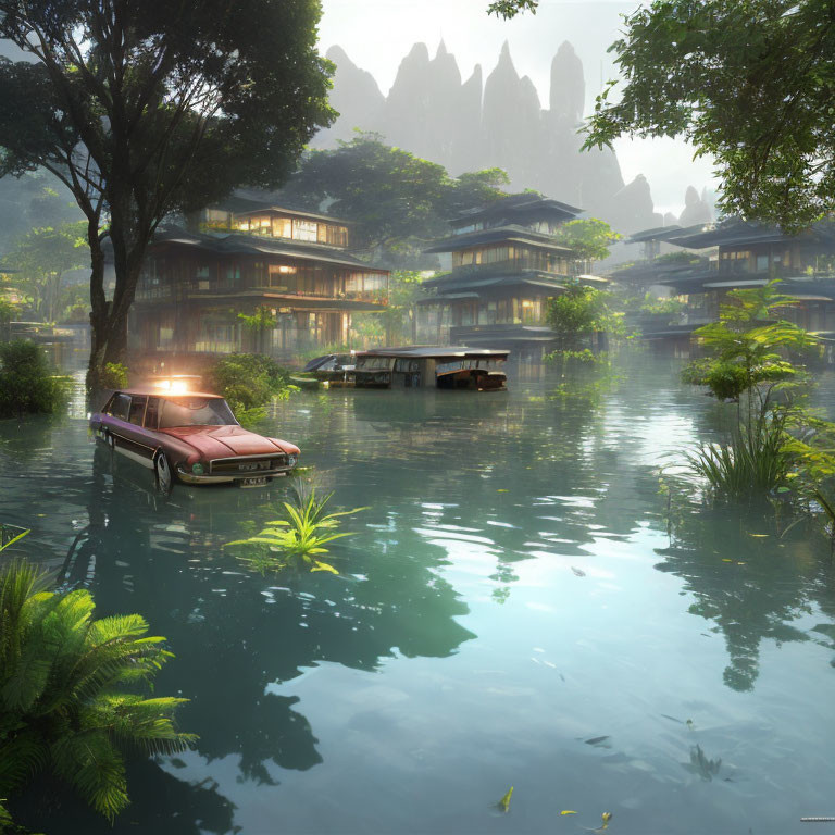 Flooded landscape with greenery, traditional houses, submerged car, and misty mountains