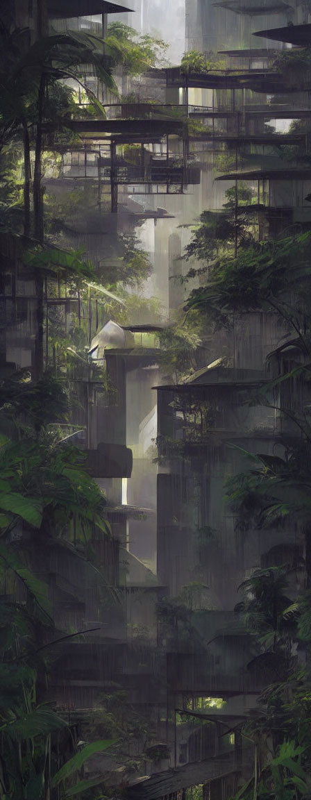 Overgrown futuristic jungle with abandoned multi-tiered constructions and mysterious light.