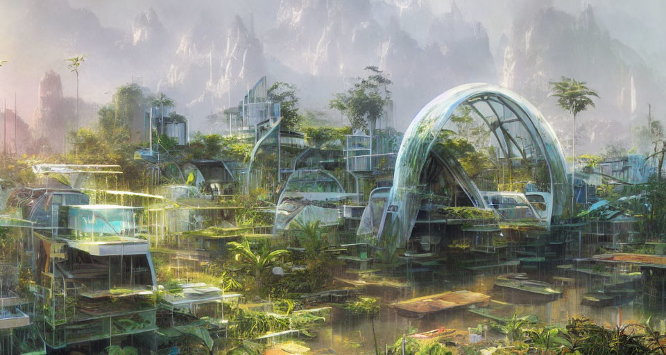 Futuristic cityscape with greenery, advanced structures, and arc-shaped building in misty mountains