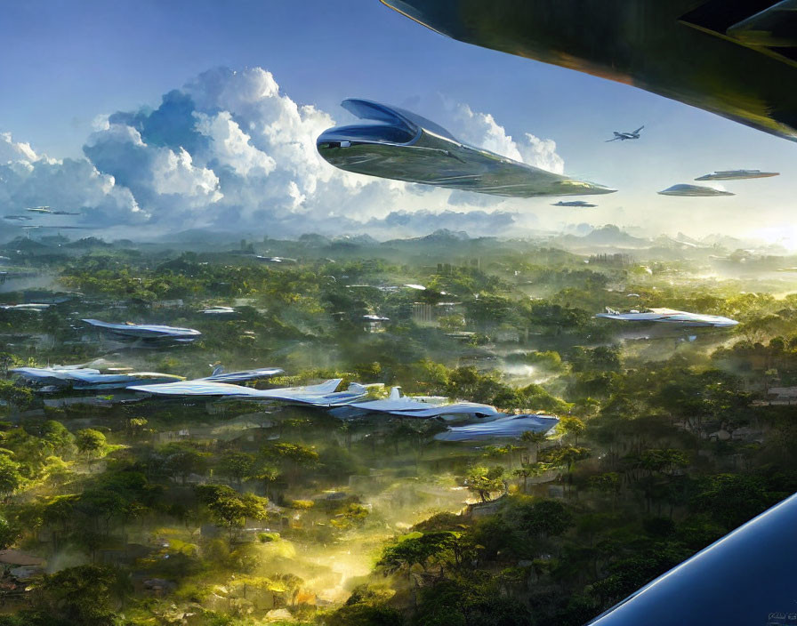 Futuristic aircraft over lush jungle with towering clouds