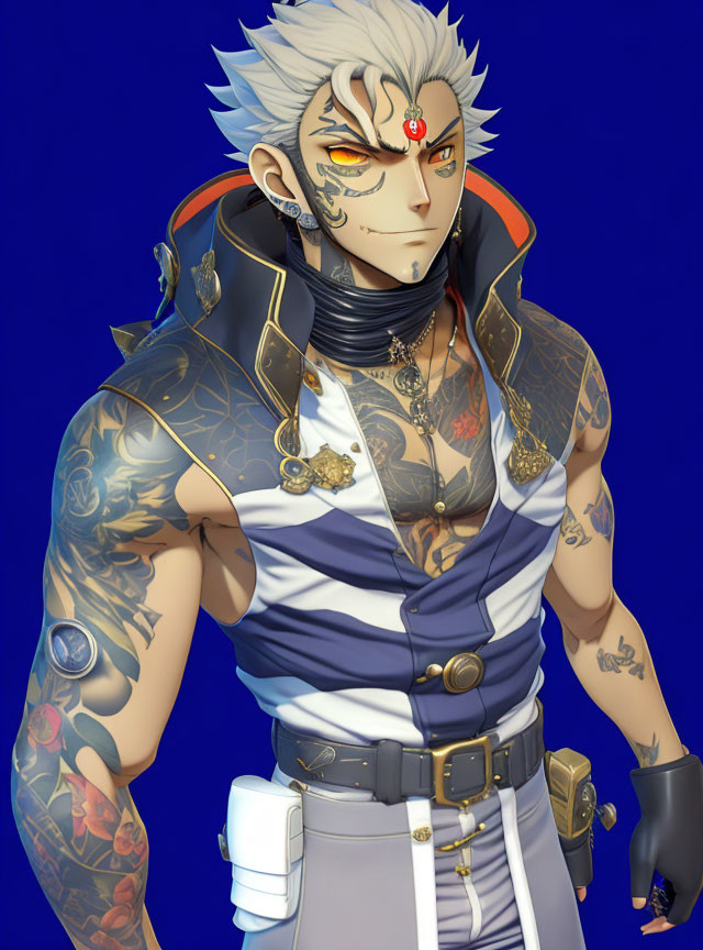 Male character with spiky hair, tattoos, head jewel, sleeveless white and blue outfit.