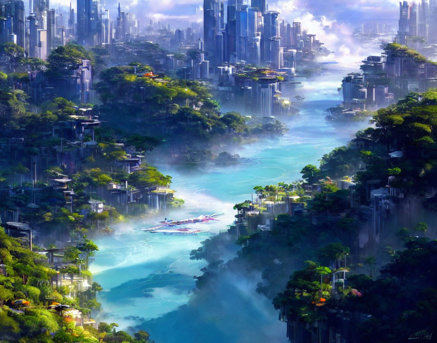 Futuristic cityscape blending with lush greenery, skyscrapers, forests, and river.