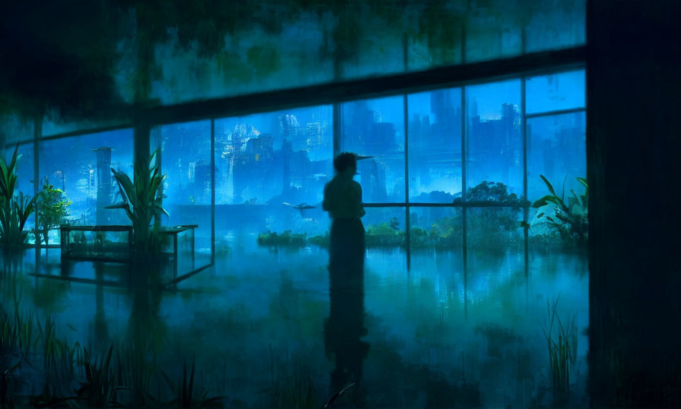 Silhouetted person in flooded room with plants, gazing at nighttime cityscape in blue tones