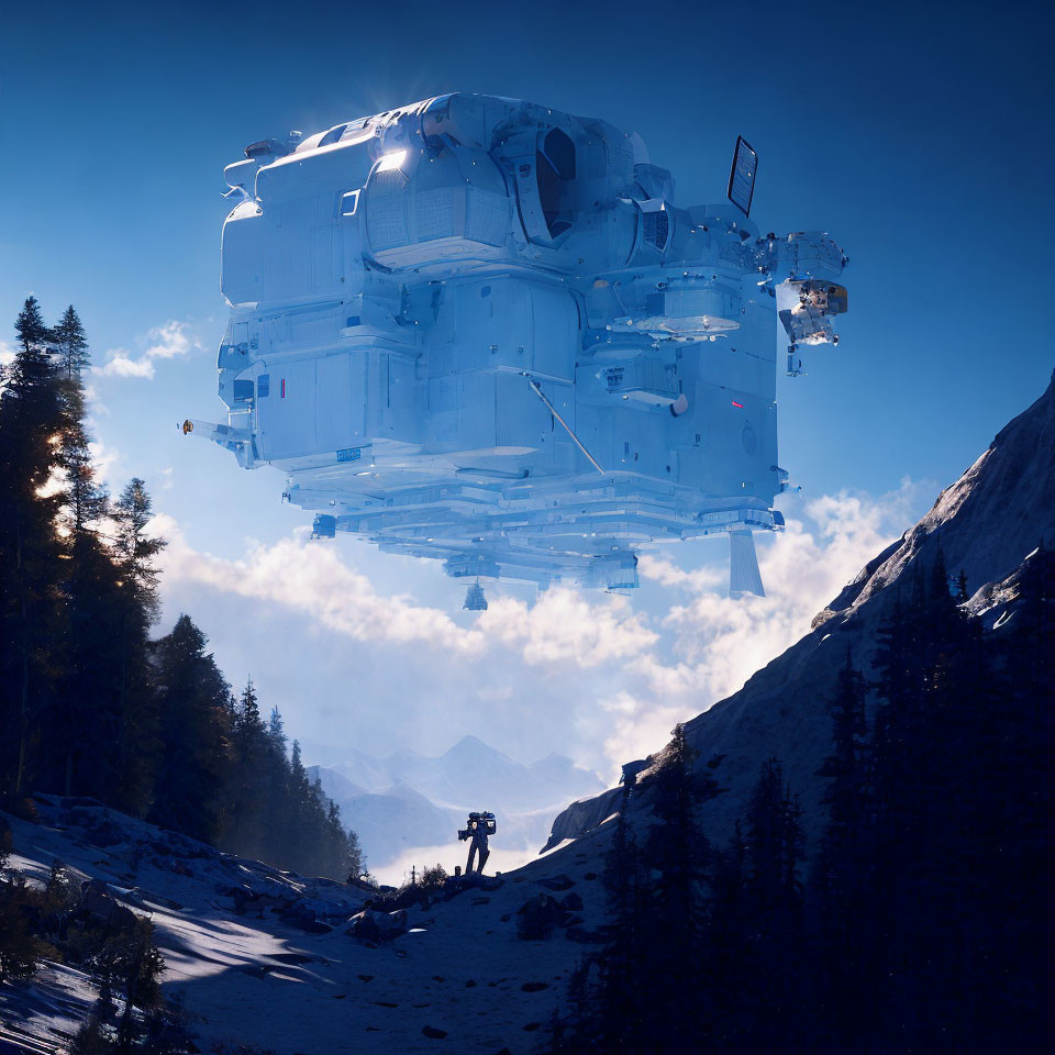 Futuristic blue spaceship above snowy mountain path with person below