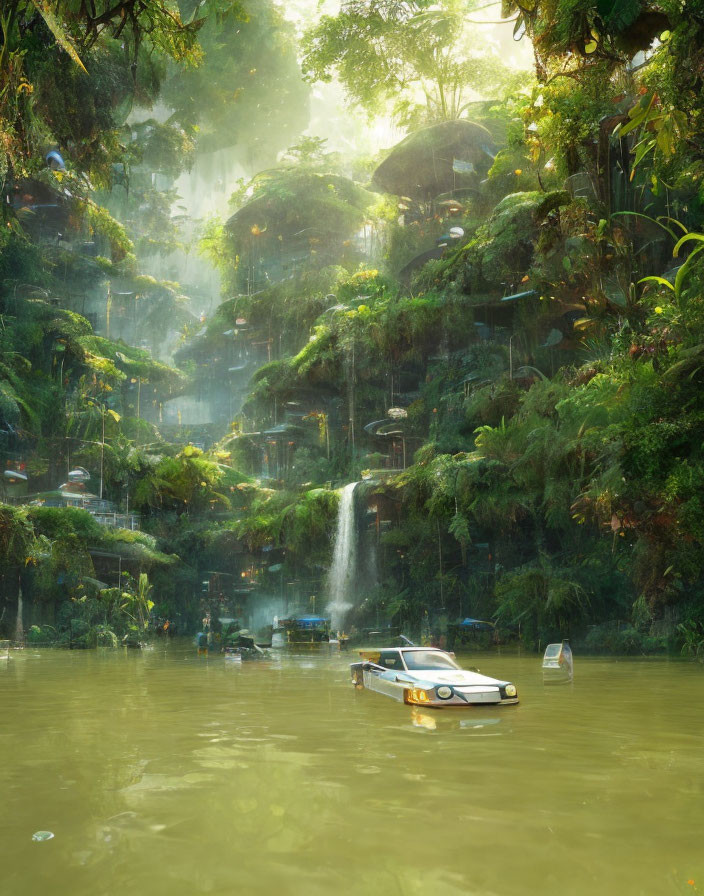 Lush jungle with waterfalls, domed structures, and boat-car in tranquil setting