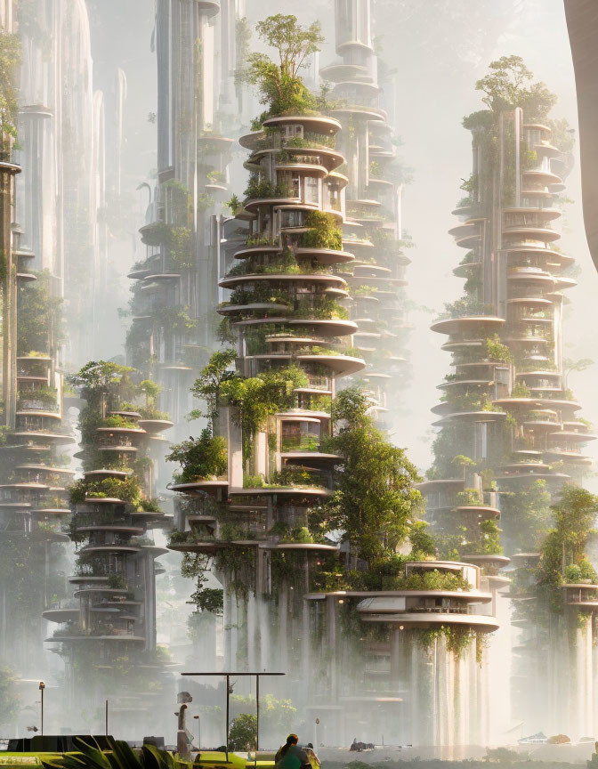 Futuristic cityscape with lush greenery and figure in sunlit haze