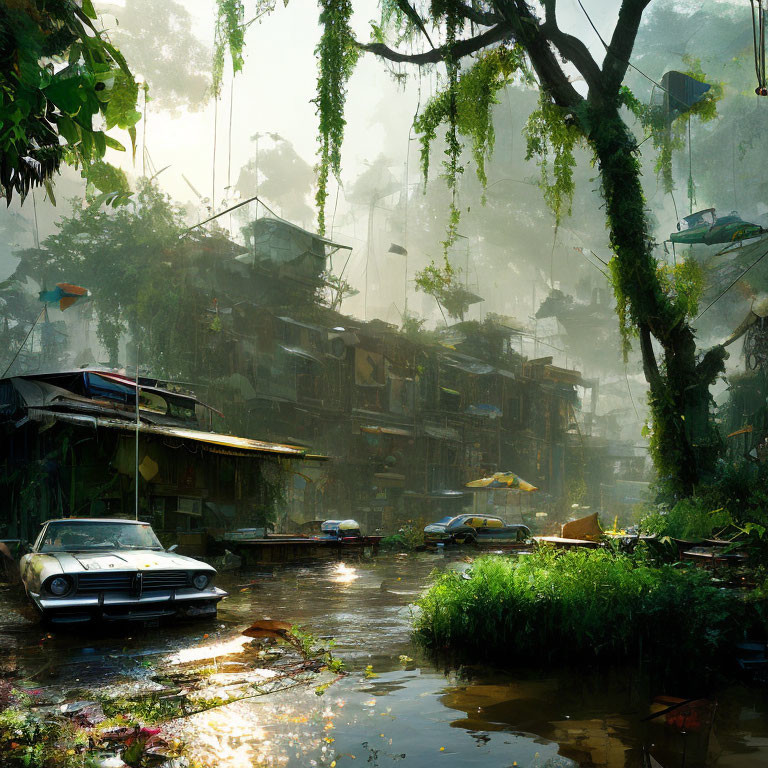 Abandoned multi-level settlement in verdant jungle