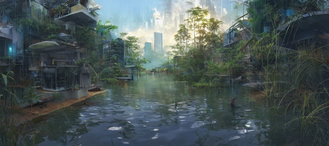Dilapidated buildings overtaken by vegetation in futuristic cityscape