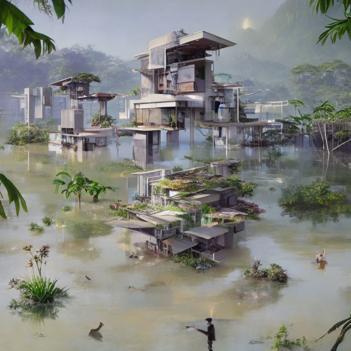 Dilapidated futuristic buildings in flooded landscape with fishing person