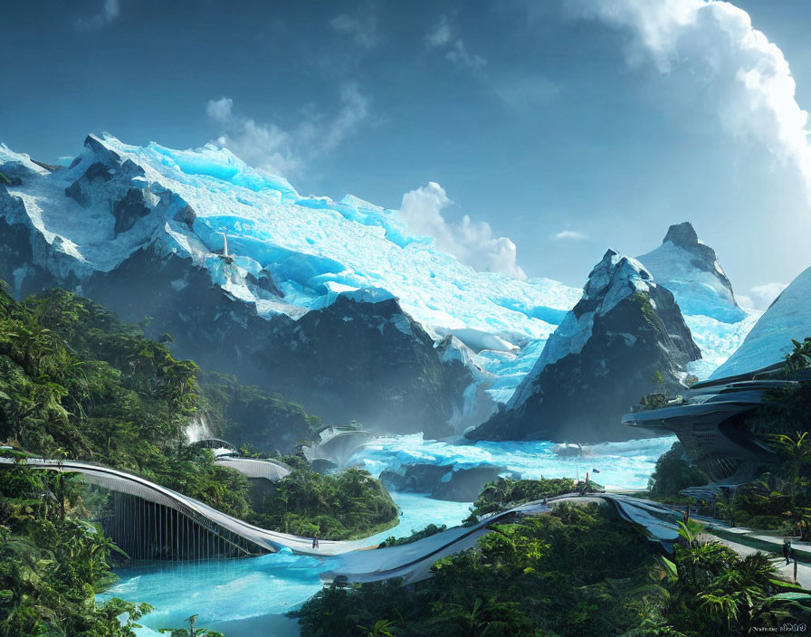 Futuristic landscape with greenery, icy mountains, bridge, and advanced architecture