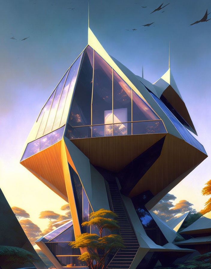 Geometric futuristic house with glass windows and sharp angles in twilight landscape.