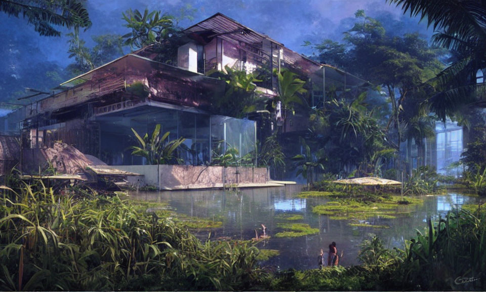 Glass house in lush wetland with figures and dense foliage