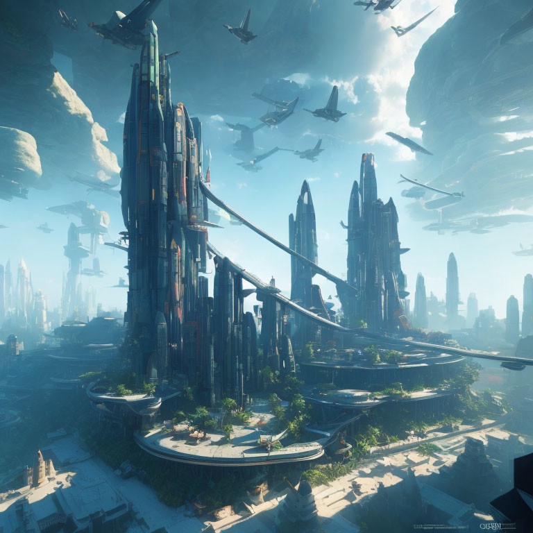 Futuristic cityscape with skyscrapers, flying vehicles, green terraces, blue sky