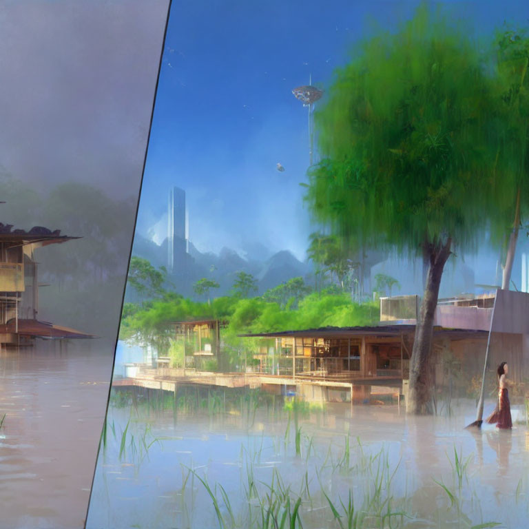 Futuristic buildings in serene landscape with water and greenery