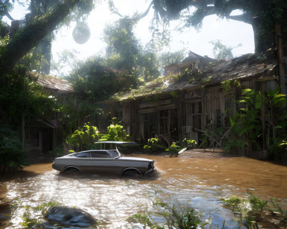 Abandoned car submerged in water next to dilapidated house in flooded forest