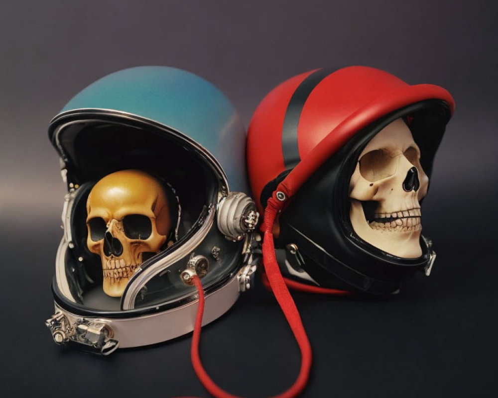 Two Skull Motorcycle Helmets: Turquoise & Black, Red & Black, Side by Side on Grey