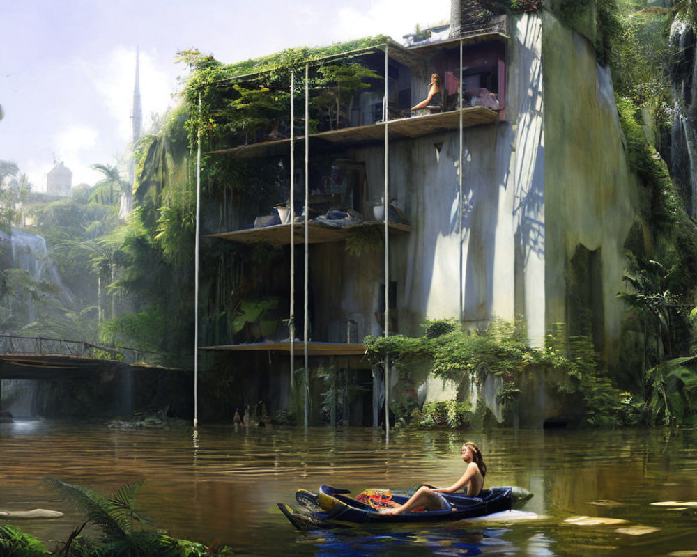 Person lounging on boat in lagoon with overgrown, tiered building in lush greenery