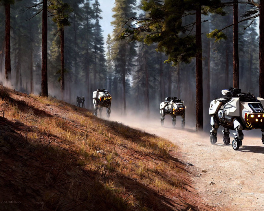 Three enclosed cockpit futuristic motorcycles speed through dusty forest trail