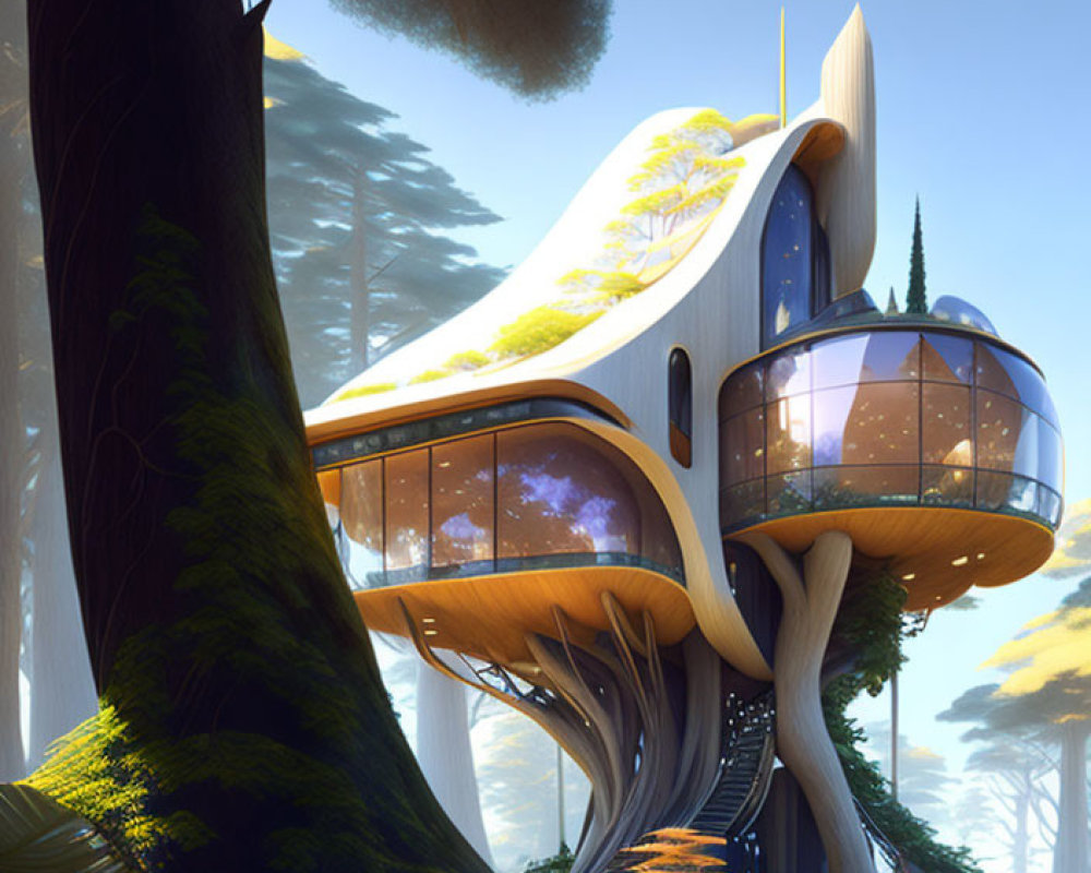 Sleek futuristic treehouse in sunlit forest with glass windows