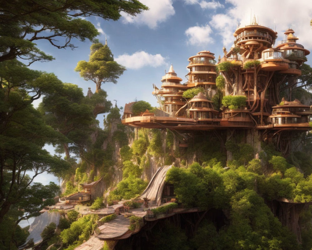 Fantasy tree city with multi-tiered wooden structures in lush greenery