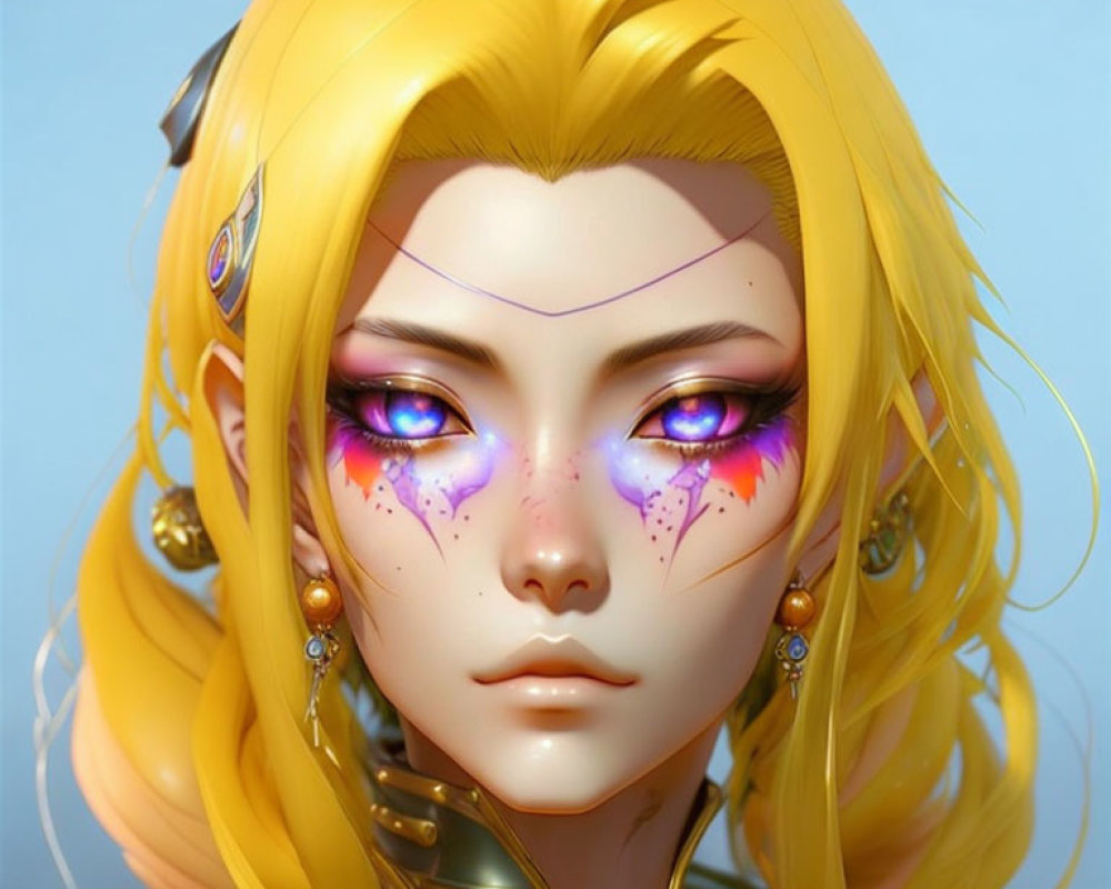 Character with golden hair and purple eyes under clear blue sky
