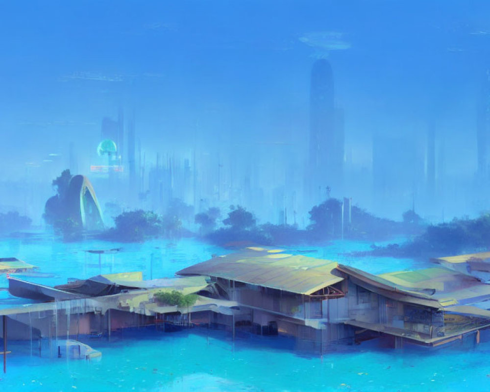 Submerged buildings in futuristic flooded cityscape.