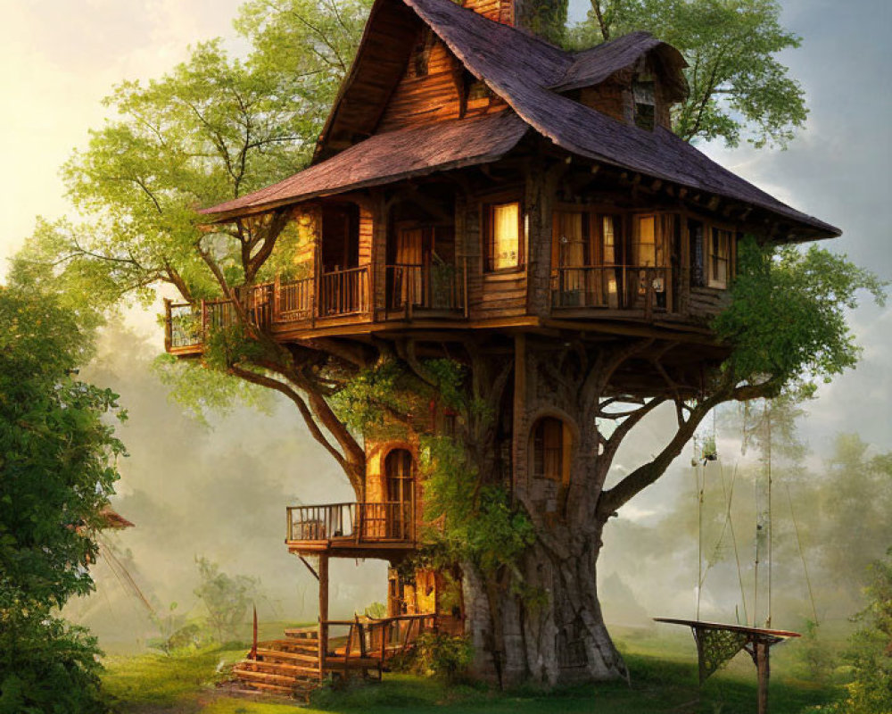 Wooden treehouse with balcony and cross in misty forest at sunset