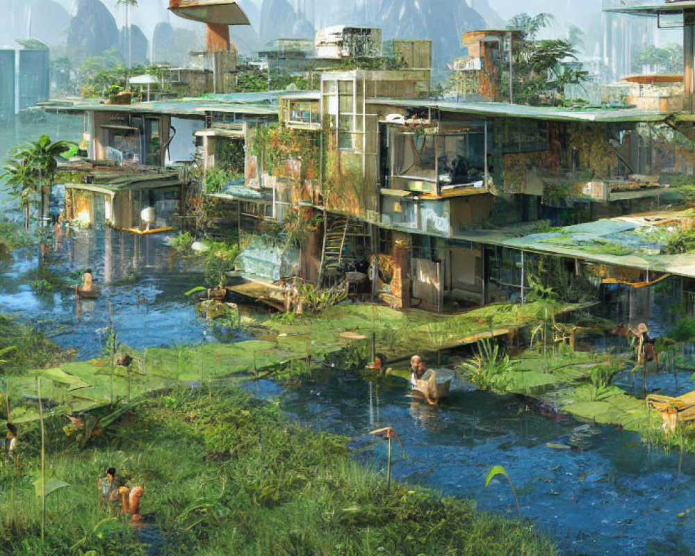 Futuristic overgrown cityscape with waterways, people, lush vegetation, and abandoned buildings.