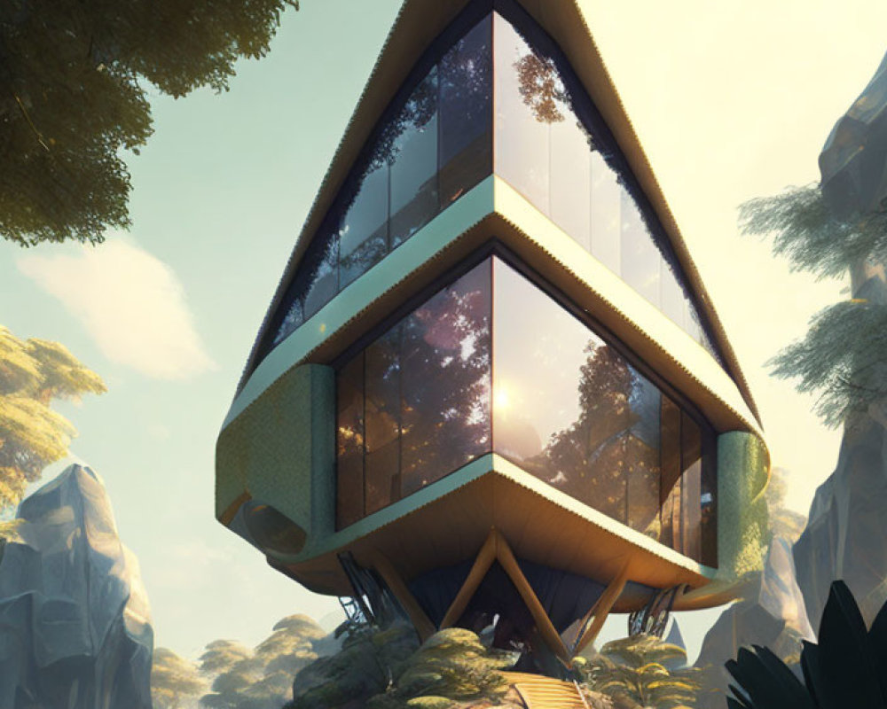 Triangular-Shaped Treehouse with Large Glass Panels nestled in lush greenery