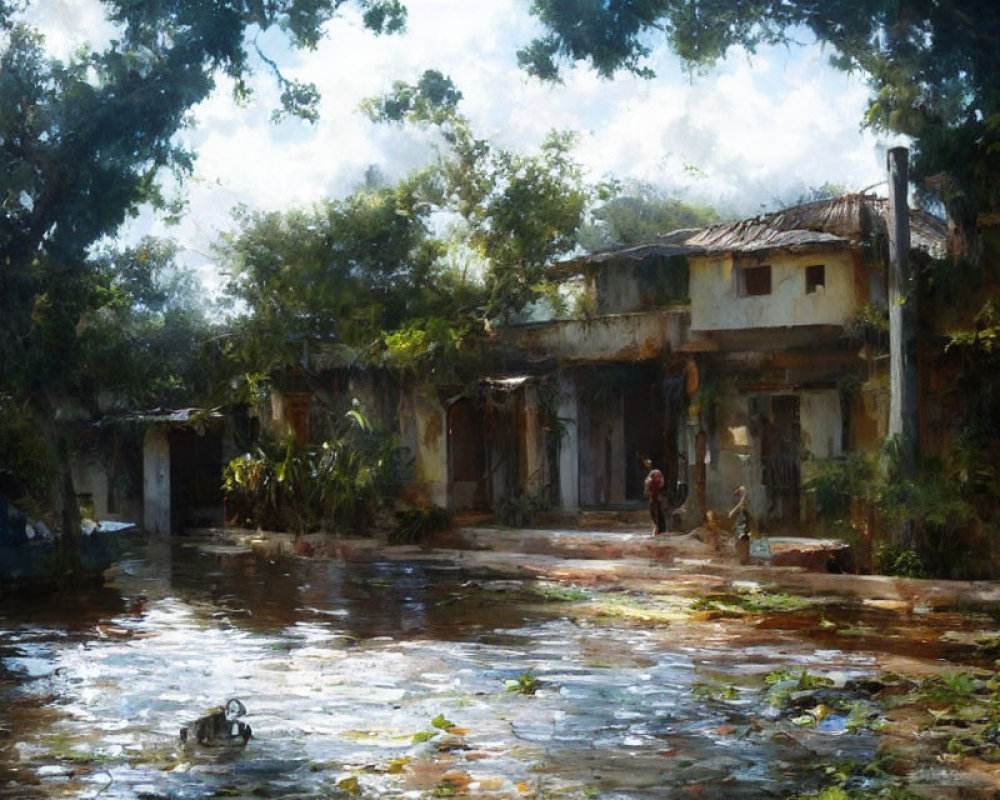 Tranquil village scene with dilapidated buildings, lush trees, and lone figure