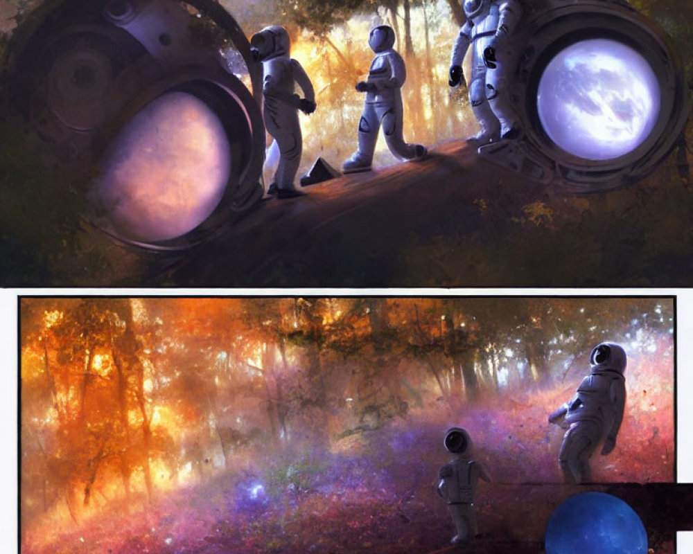 Astronauts in vibrant mystical forest with spacecraft hatch.