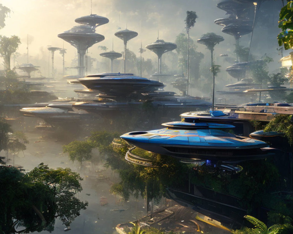 Futuristic cityscape with mushroom-shaped skyscrapers in lush jungle setting.