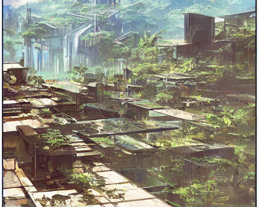 Futuristic cityscape with nature, overgrown buildings, skyscrapers, and mountains