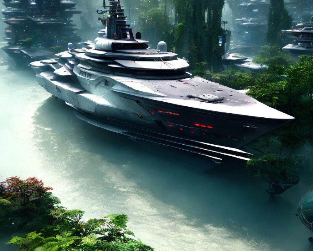 Futuristic battleship over misty forest with advanced structures