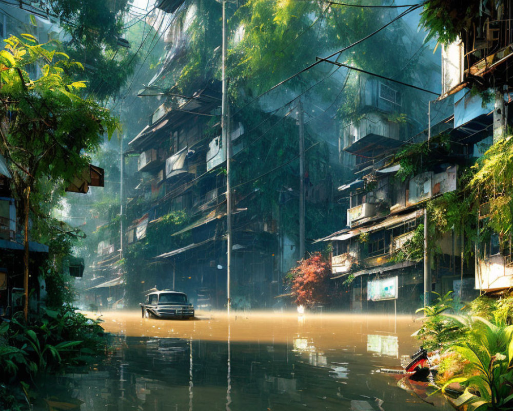 Flooded urban street with dilapidated buildings, greenery, and car in soft sunlight