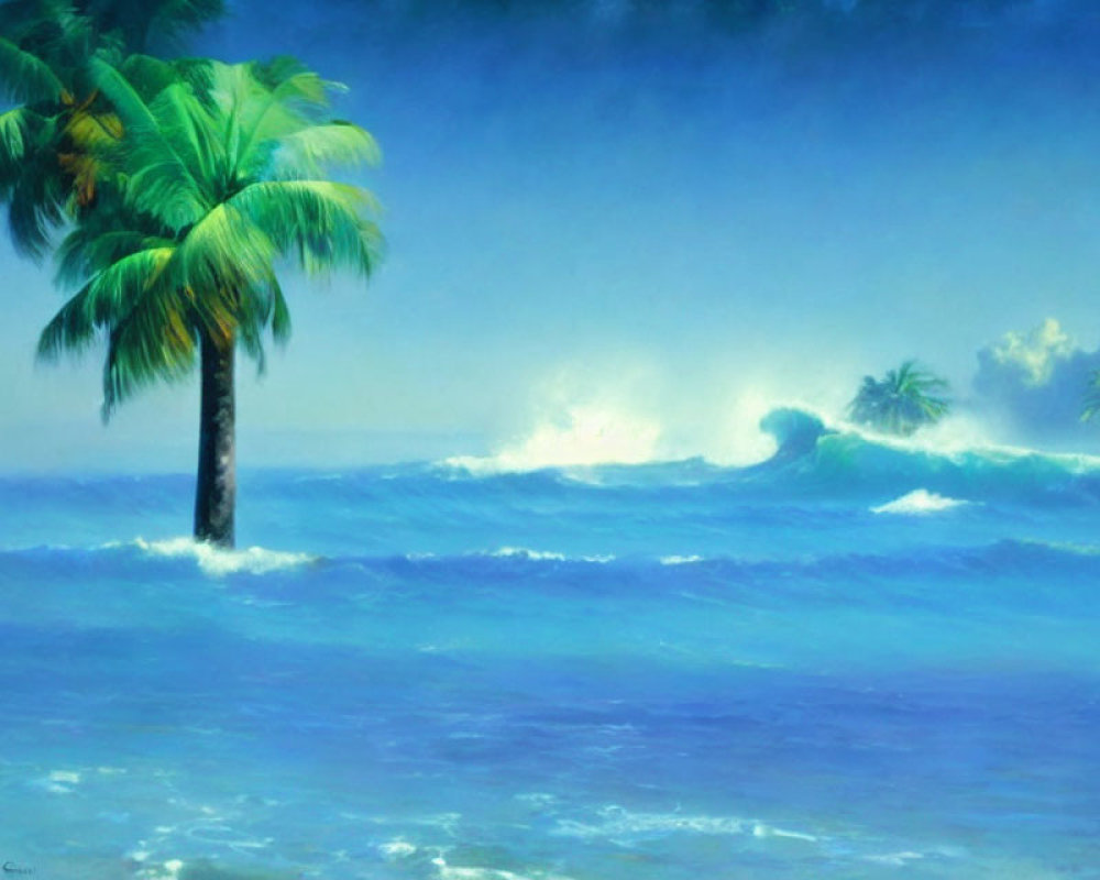 Tranquil tropical seascape with palm tree, ocean waves, and misty island