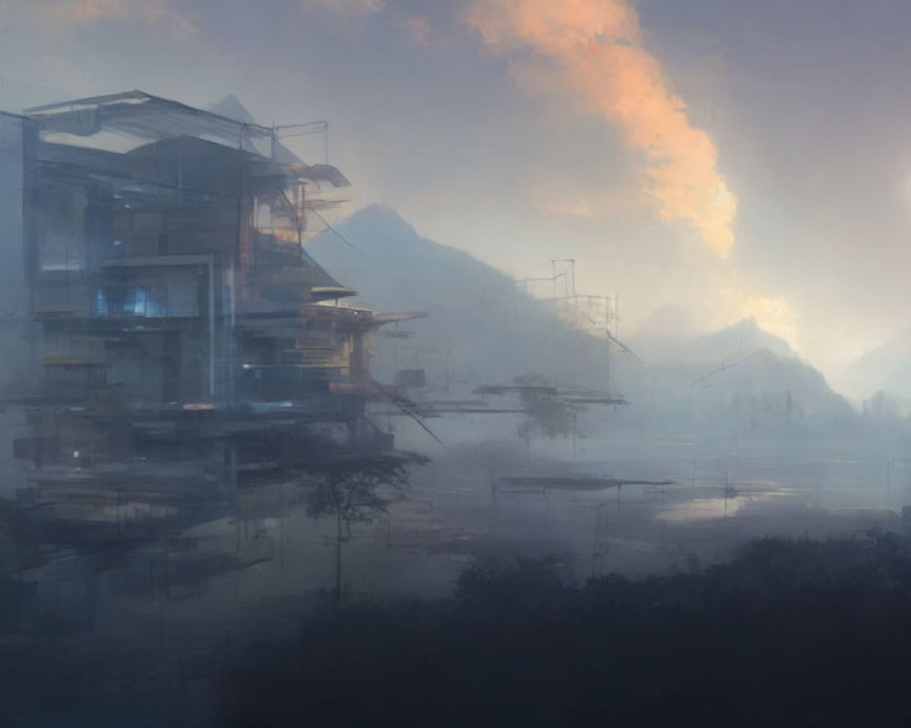 Futuristic buildings hover over misty water with mountains in the background.