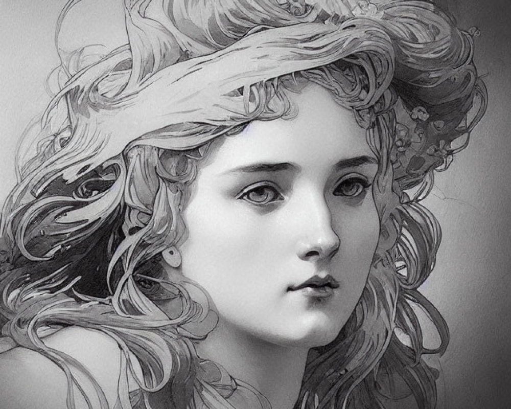 Detailed monochromatic illustration of young woman with flowing hair and headband, adorned with intricate florals