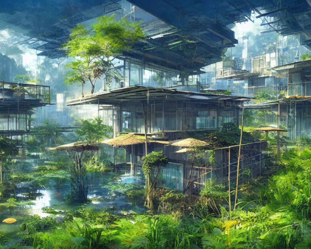 Futuristic greenhouse with lush vegetation and suspended platforms.