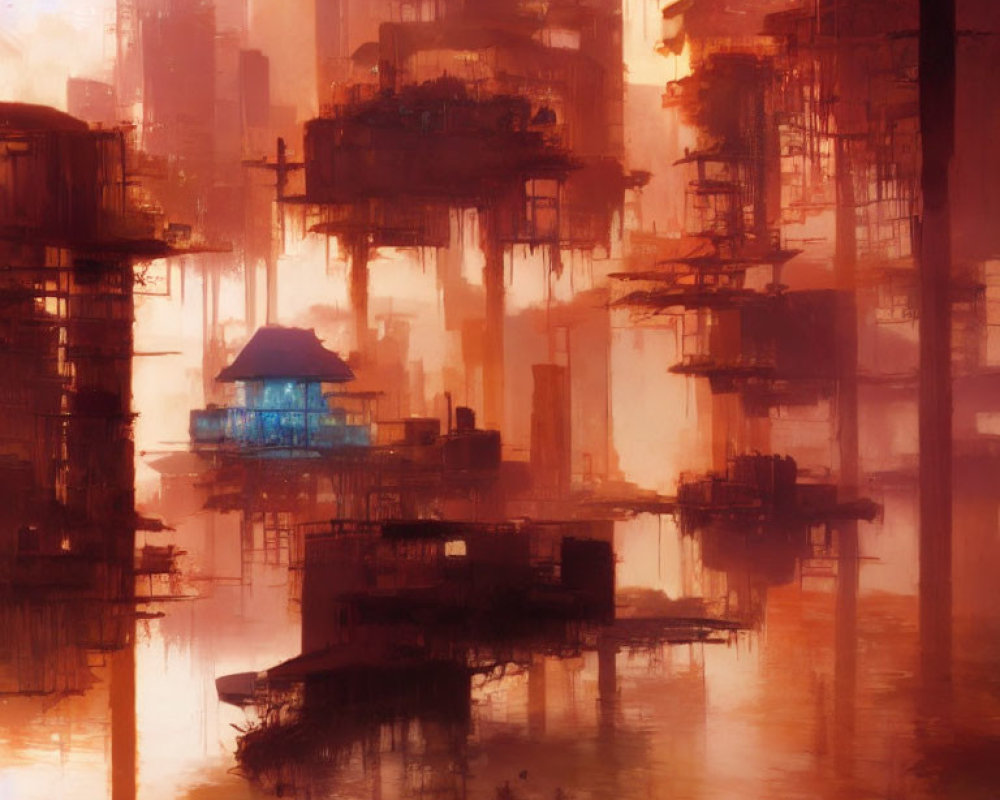 Futuristic cityscape with warm hues and dreamy light