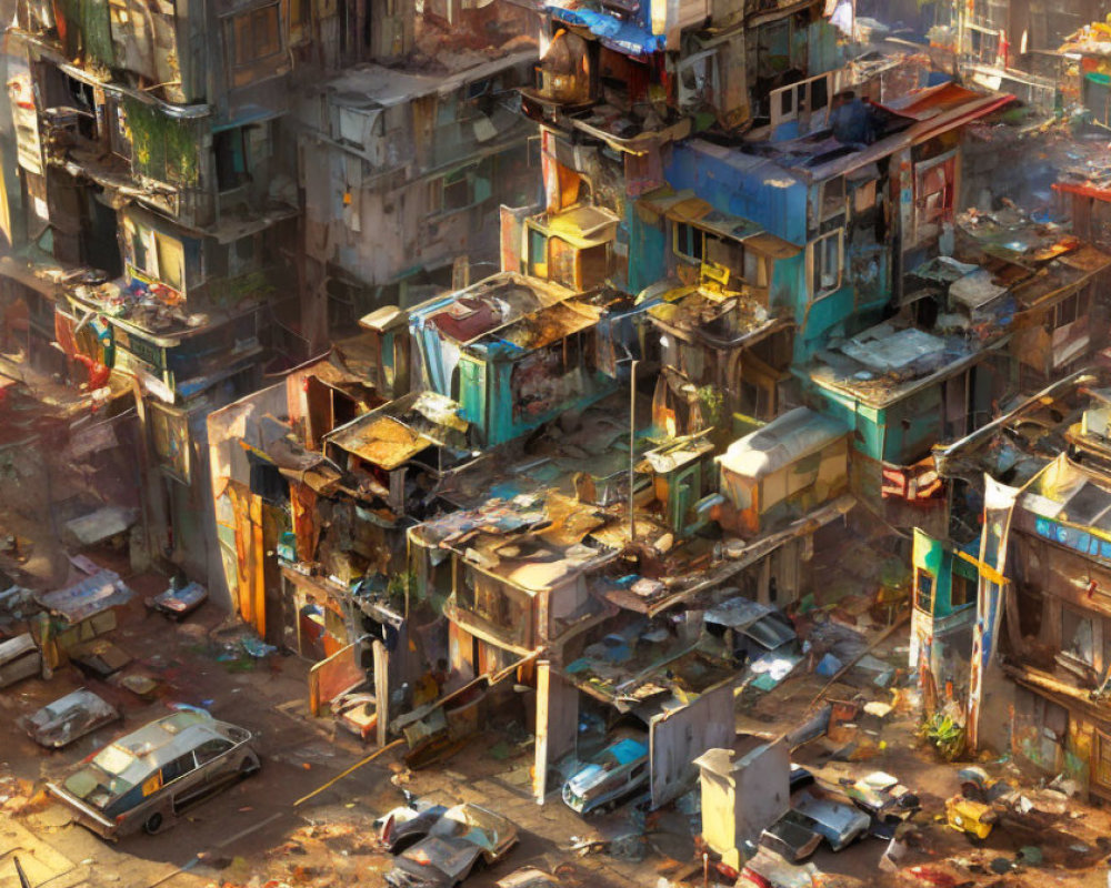 Urban scene: rundown buildings, colorful facades, debris-filled streets.