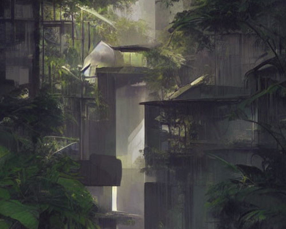 Overgrown futuristic jungle with abandoned multi-tiered constructions and mysterious light.