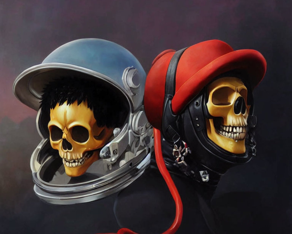 Stylized skulls in astronaut helmet and red cap with headphones on dark background