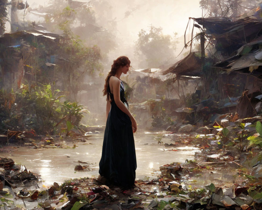 Woman in Blue Dress Contemplating in Dilapidated Area