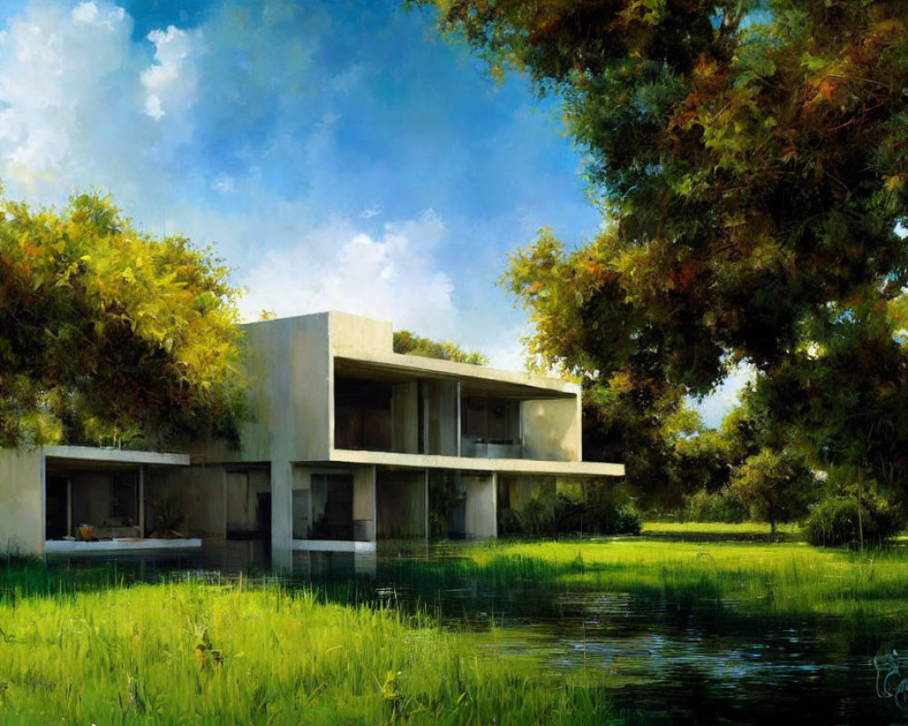 Tranquil painting of modern house surrounded by trees and pond