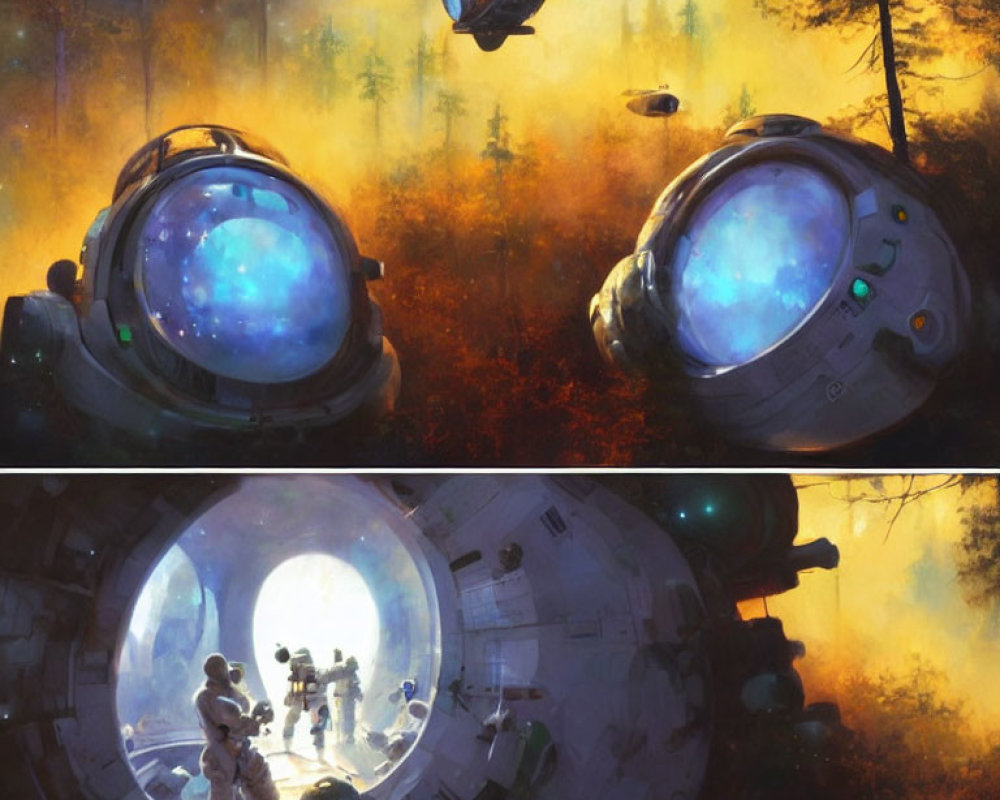 Futuristic forest scenes with glowing helmets and astronauts