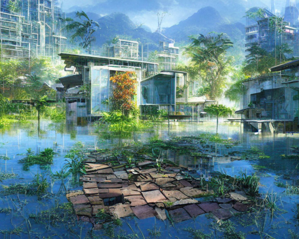 Futuristic cityscape with greenery and submerged buildings.