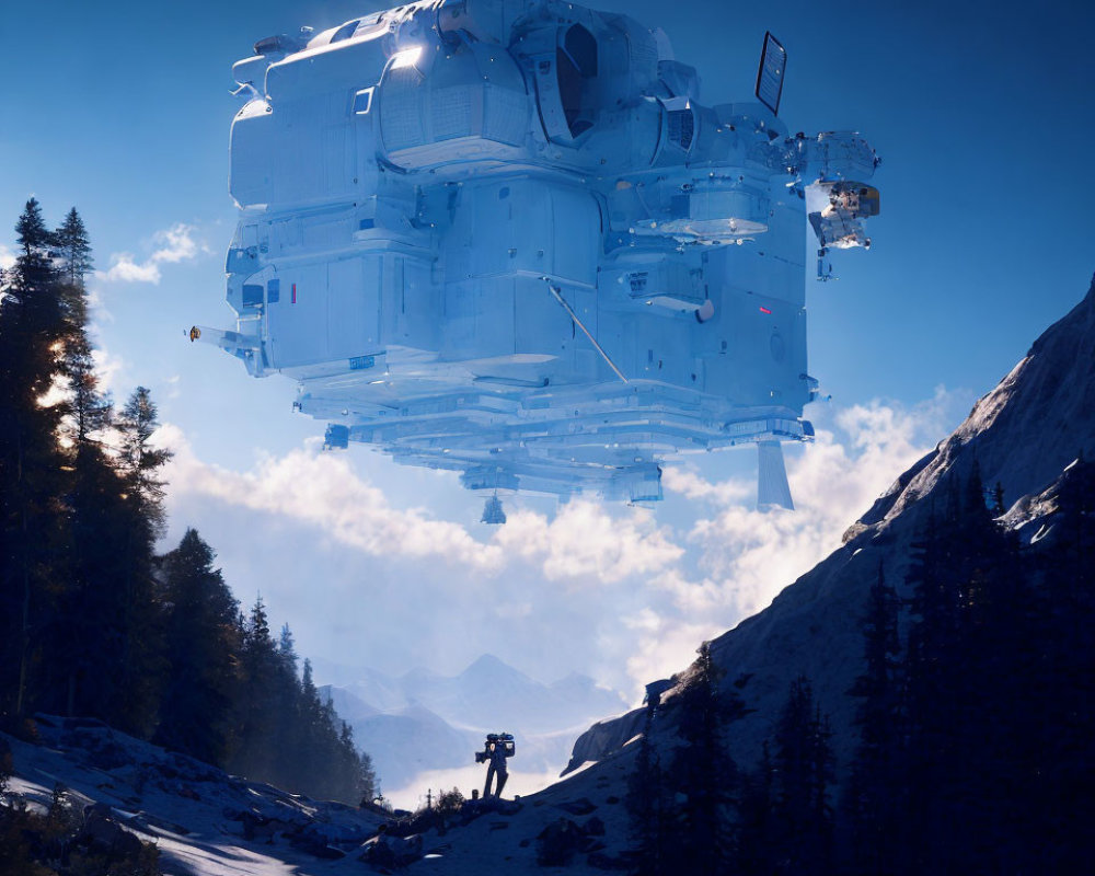 Futuristic blue spaceship above snowy mountain path with person below