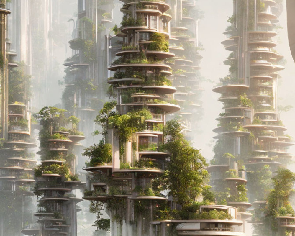 Futuristic cityscape with lush greenery and figure in sunlit haze