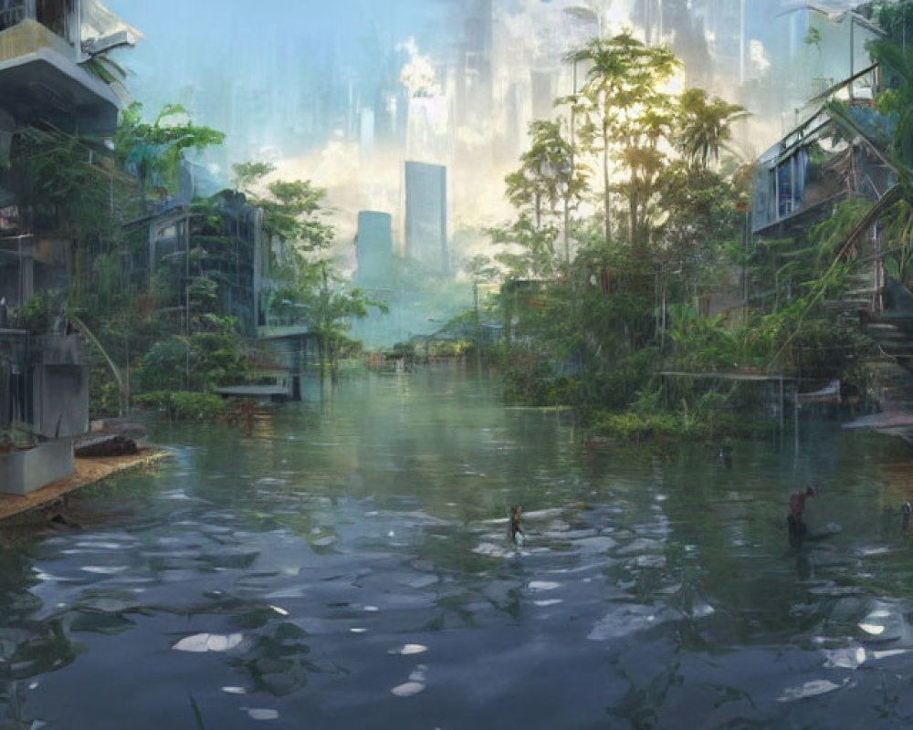 Dilapidated buildings overtaken by vegetation in futuristic cityscape